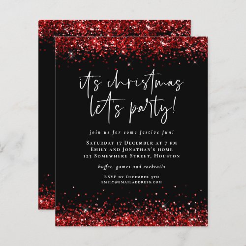 Budget Red Glitter Christmas Fun Party Invite