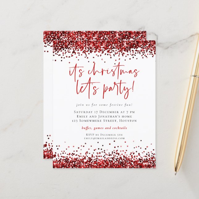 Budget Red Glitter Christmas Lets Party Invite (Front/Back In Situ)
