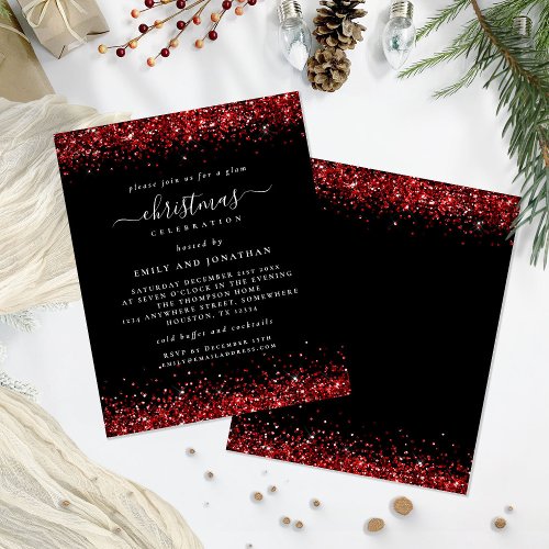 Budget Red Glitter Christmas Party Black Invite