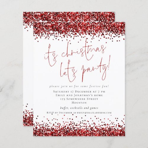 Budget Red Glitter Its Christmas Lets Party Invite