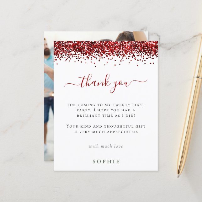Budget Red Glitter Photo 21st Birthday Thank You (Front/Back In Situ)