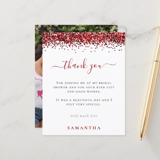 Budget Red Glitter Photo Bridal Shower Thank You (Front/Back In Situ)