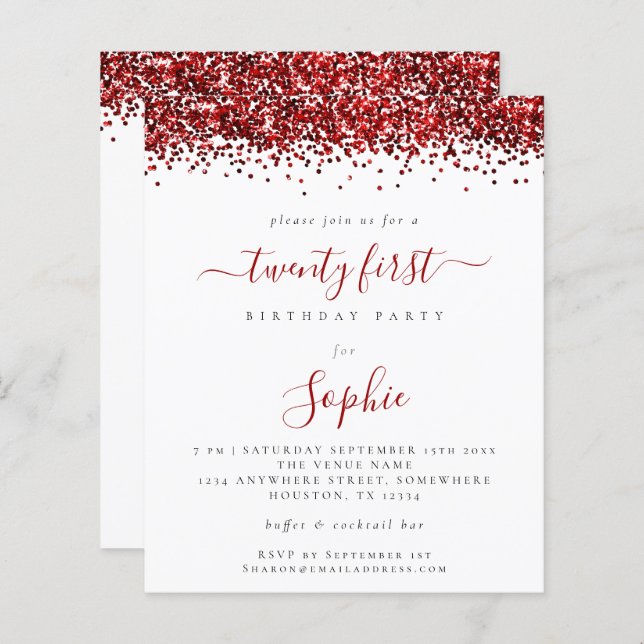 Budget Red Glitter Twenty First Party Invitation (Front/Back)