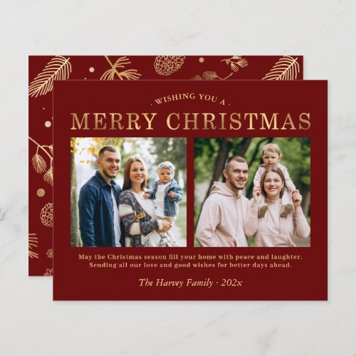 Budget Red Gold 2 Photo Merry Christmas Cards