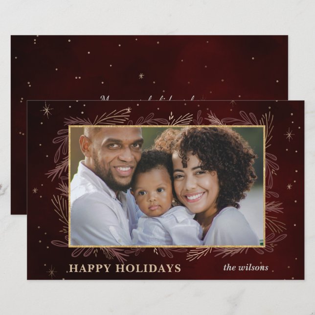 Budget Red Gold Botanical Photo Holiday Card (Front/Back)