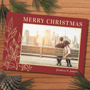 Budget Red Gold Foliage Photo Merry Christmas Card
