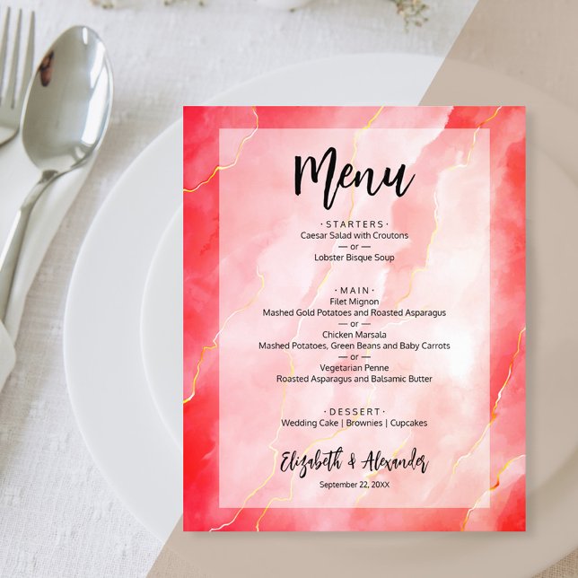 Budget Red Gold Marble Wedding Menu Flyer (Creator Uploaded)