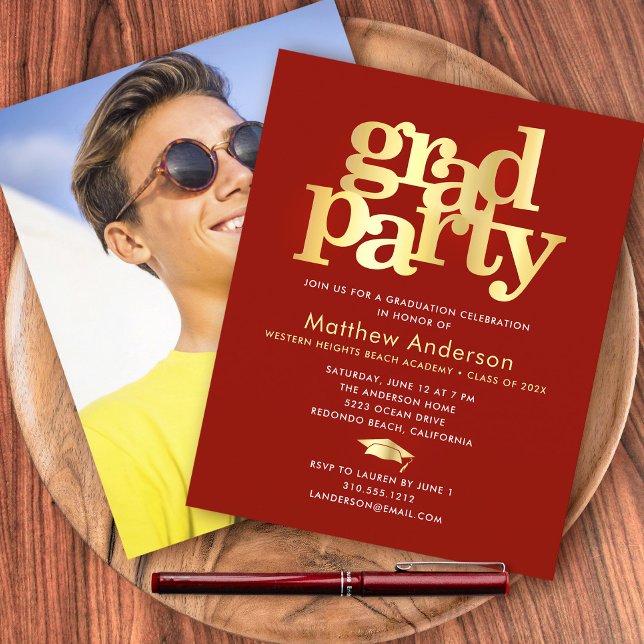 Budget Red Gold Photo Grad Party Minimalist Invite (Creator Uploaded)