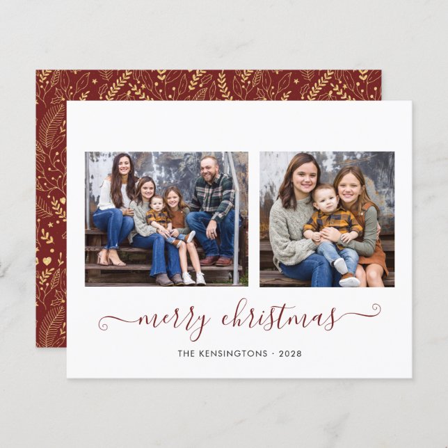 BUDGET Red Gold Simple Script Christmas Photo (Front/Back)