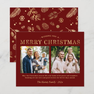 Budget Red Gold Two Photo Merry Christmas Card