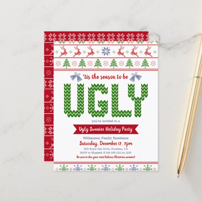 Budget Red Green Ugly Sweater Holiday Party Invite (Front/Back In Situ)