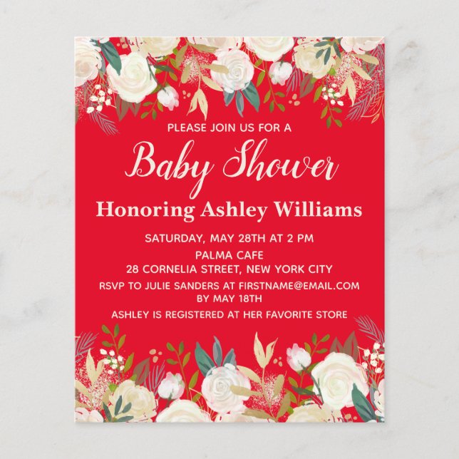 Budget Red Greenery Floral Baby Shower Invitation (Front)