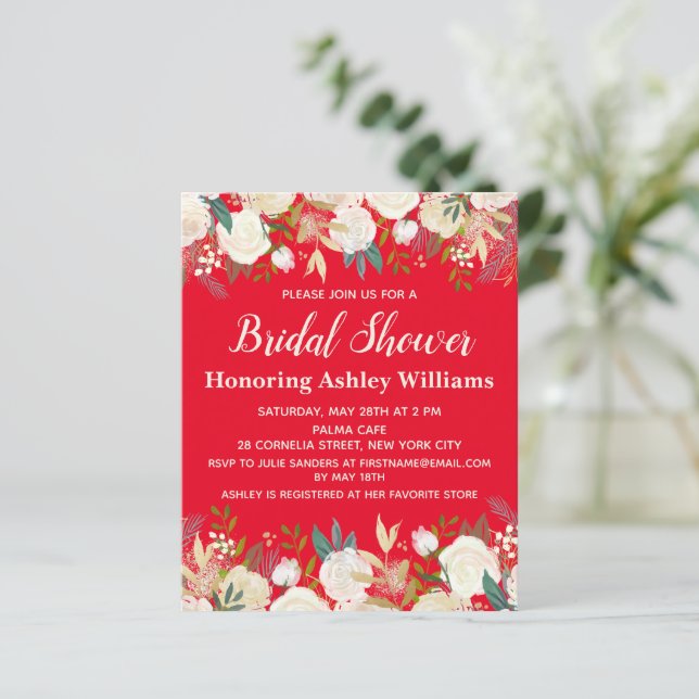 Budget Red Greenery Roses Bridal Shower Invitation (Standing Front)
