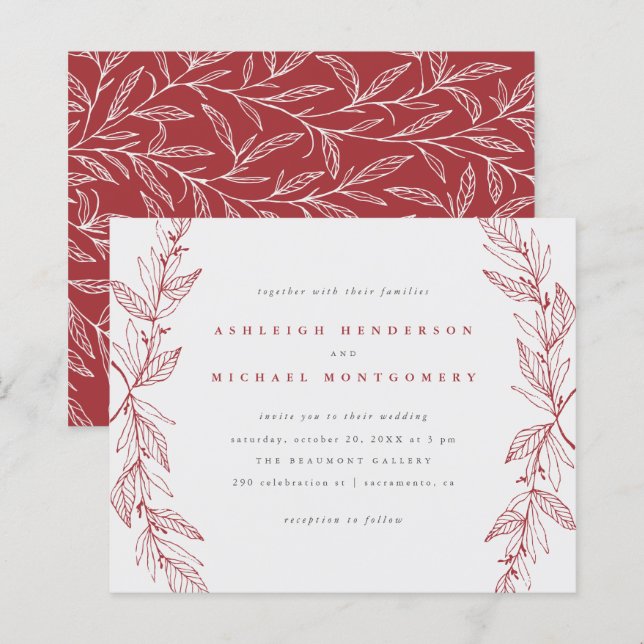 Budget Red Hand-drawn Botanical Wreath Wedding (Front/Back)