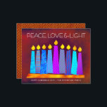 Budget Red Hanukkah Candles Peace Love Light Card<br><div class="desc">“Peace, love & light.” A playful, modern, artsy illustration of boho pattern candles in a menorah helps you usher in the holiday of Hanukkah. Assorted blue candles with colorful faux foil patterns overlay a rich deep brick red orange textured background. Faux copper diamond pattern foil on a brick red background...</div>