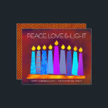 Budget Red Hanukkah Candles Peace Love Light Card<br><div class="desc">“Peace, love & light.” A playful, modern, artsy illustration of boho pattern candles in a menorah helps you usher in the holiday of Hanukkah. Assorted blue candles with colorful faux foil patterns overlay a rich deep brick red orange textured background. Faux copper diamond pattern foil on a brick red background...</div>