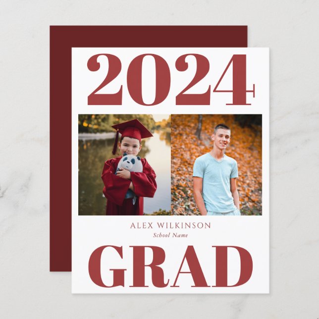 BUDGET Red Modern 2 Photo Simple GRAD Announcement (Front/Back)