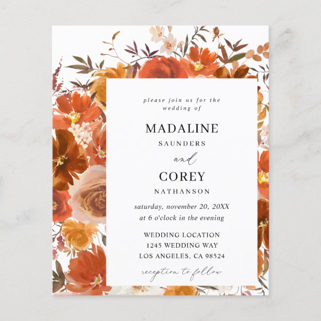 Budget Red & Orange Fall Floral Wedding Flyer (Front)