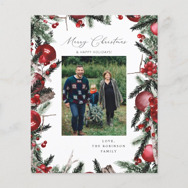 Budget Red Ornaments & Pine Merry Christmas Photo Flyer (Front)