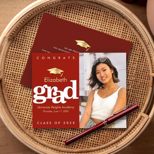 Budget Red Photo Graduation Gold Cap Invitation