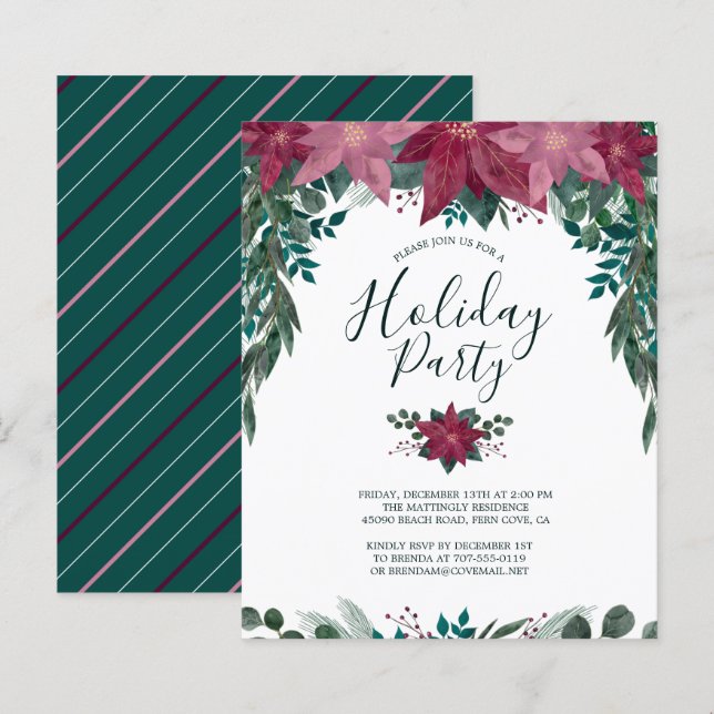 Budget Red Pink Poinsettias Holiday Party Invite (Front/Back)