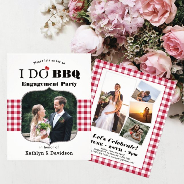 BUDGET Red Plaid Photo I DO Engagement Invitation (Creator Uploaded)