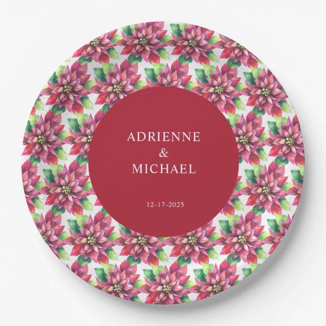 Budget Red Poinsettia Christmas Wedding  Paper Plates (Front)