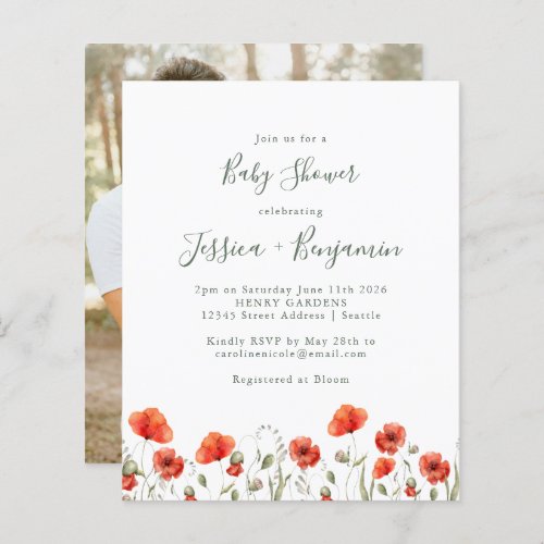 Budget Red Poppy Floral Baby Shower Photo Invite