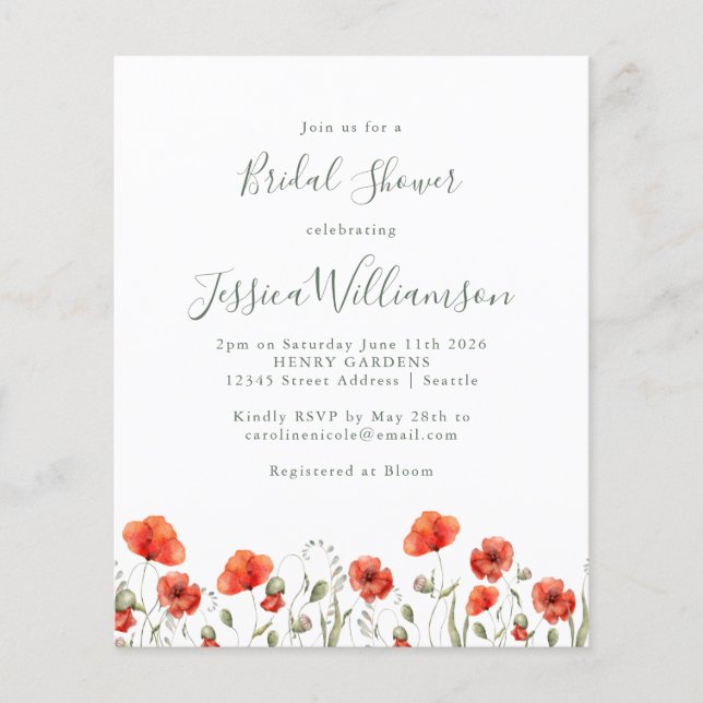 Budget Red Poppy Floral Bridal Shower Invitation (Front)