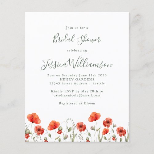 Budget Red Poppy Floral Bridal Shower Invitation