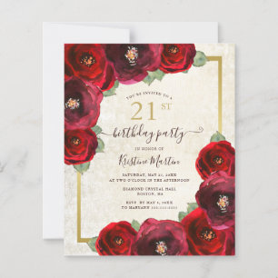Budget Red Rose Floral 21st Birthday Party Invite