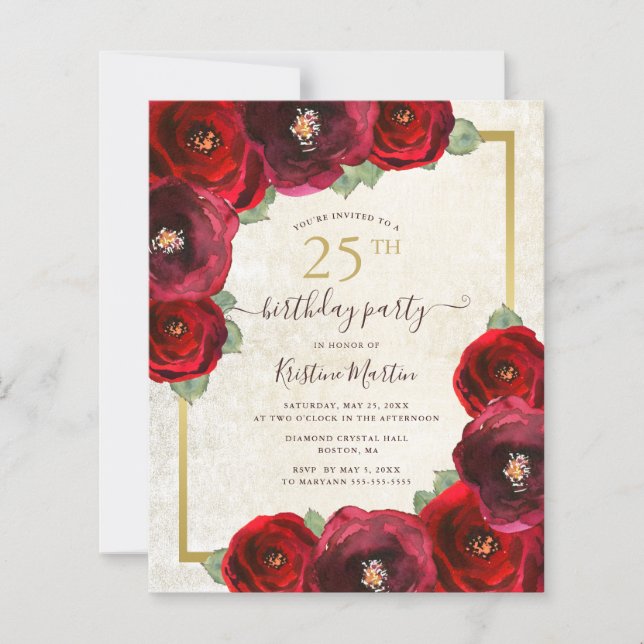 Budget Red Rose Floral 25th Birthday Party Invite (Front)