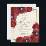 Budget Red Rose Floral 80th Birthday Party Invite<br><div class="desc">This elegant 80th birthday party invitation features watercolor red roses with greenery with a faux gold border and background. Personalize all of your party details in modern script calligraphy.</div>
