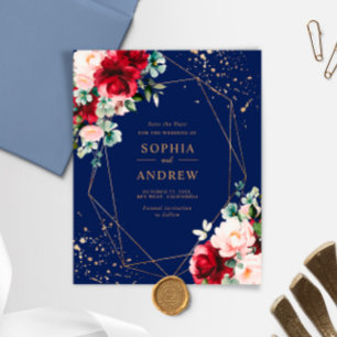 Budget Red Rose & Gold Floral Save the Date Invite