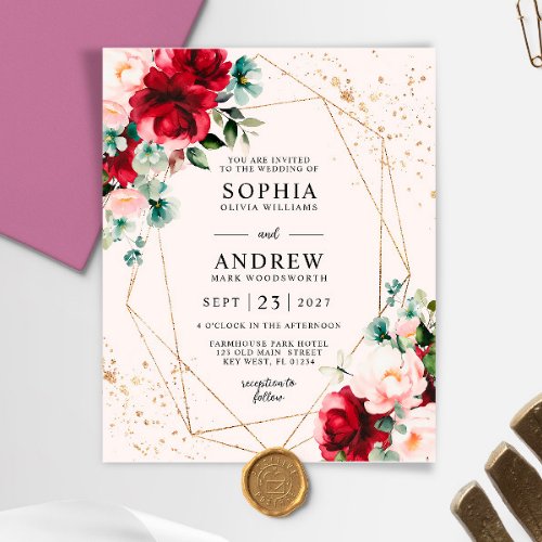 Budget Red Rose  Gold Floral Wedding Invitation