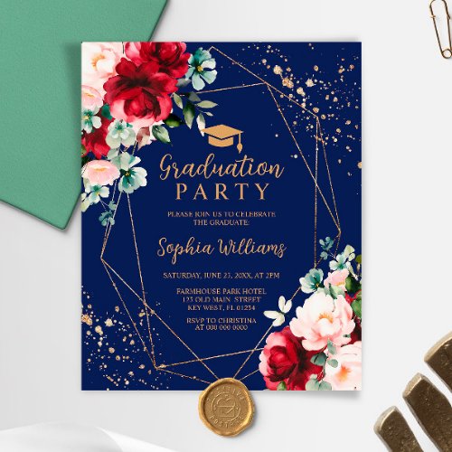 Budget Red Rose  Gold Graduation Party Invitation