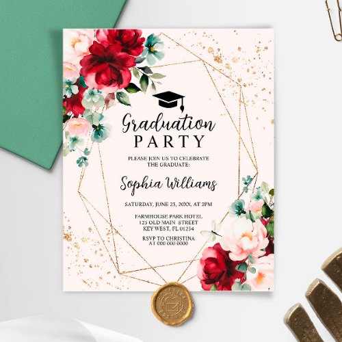 Budget Red Rose  Gold Graduation Party Invitation