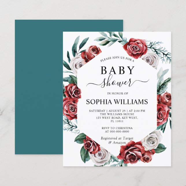 Budget Red Rose & Green Baby Shower Invitation (Front/Back)