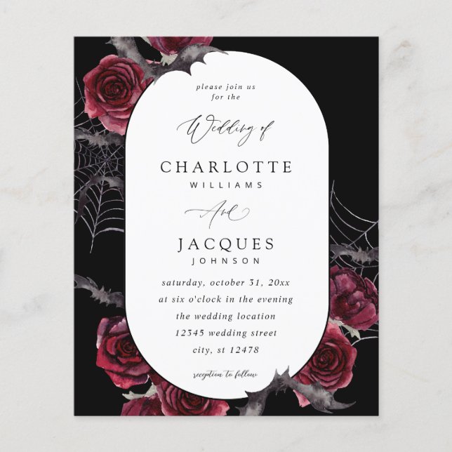 Budget Red Rose Halloween Bats Wedding- Black Flyer (Front)