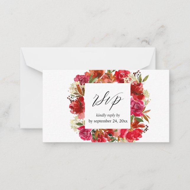 Budget Red Rose & Pink Floral 2SM Meal RSVP Note Card (Front)