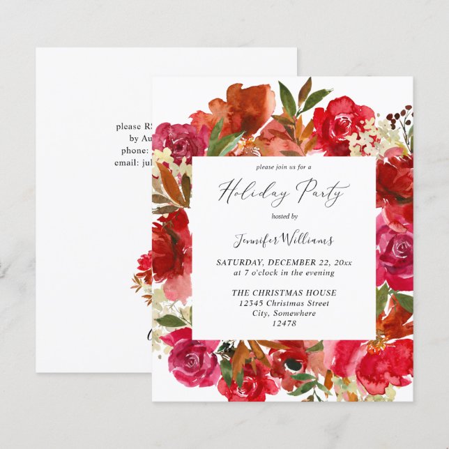 Budget Red Rose & Pink Floral Holiday Party (Front/Back)