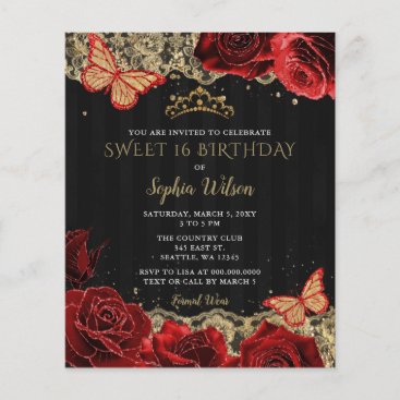 Budget Red Roses Black Gold Sweet 16 Invitation