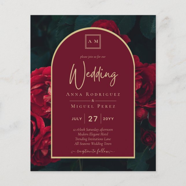 BUDGET Red Roses ForestGreen Winter Wedding INVITE Flyer (Front)