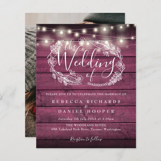 Budget Red Rustic Lights Photo Wedding Invite (Front/Back)