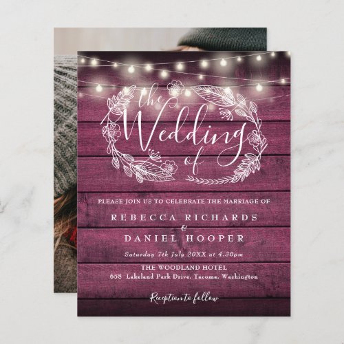 Budget Red Rustic Lights Photo Wedding Invite