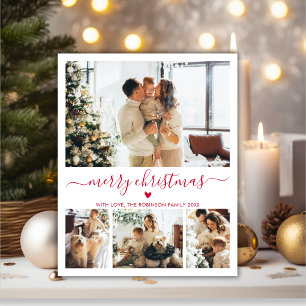 Budget Red Script 4 Photo Collage Christmas Card