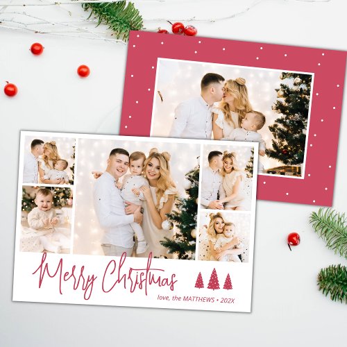 Budget Red Script 5 Photo Collage Christmas Card