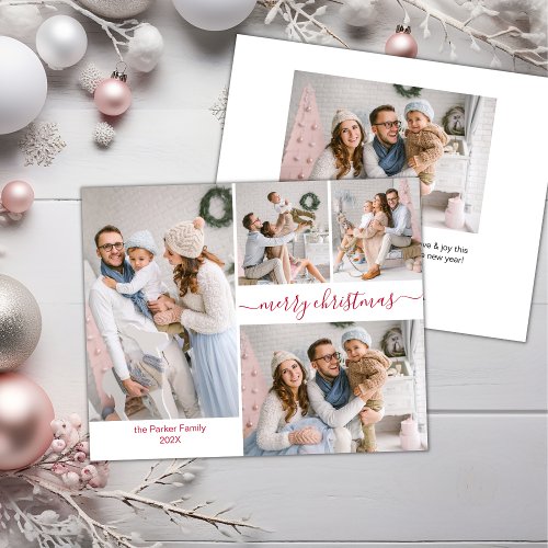 Budget Red Script 5 Photo Collage Christmas Cards