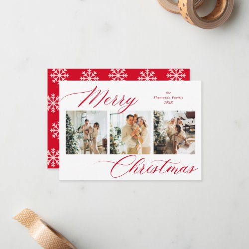 Budget Red Script Merry Christmas Photo Collage Note Card