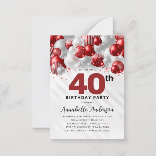 Budget Red Silver Balloon Glitter 40th Birthday Note Card